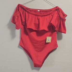 Off-Shoulder One-Piece Swimsuit in Bright Red